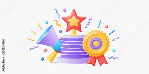 Foto Celebration composition with star rosette and party popper illustration
