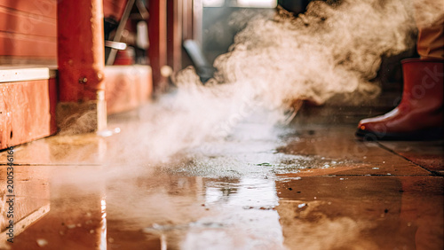 Dark rainy night with heavy rain cascade concept. Steam rising from a wet floor, showcasing industrial work environment.