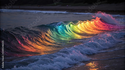 Spiritual flower spinning in neon colors concept. Stunning rainbow wave reflecting vibrant colors at twilight.