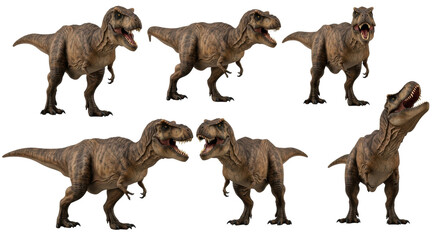 Multiple hyper-realistic tyrannosaurus rex models featuring mottled brown scaly skin and sharp white teeth, dynamically posed against a transparent studio background, museum-quality predator concept