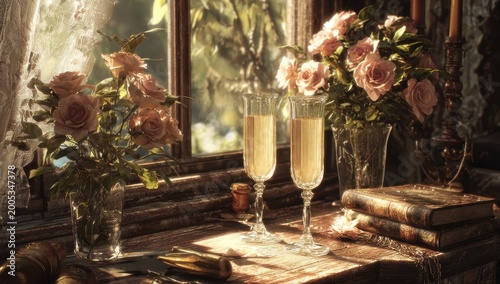 Elegant Table Setting With Champagne Flutes And Pink Roses Near A Window With Sunlight Dust Particles And Antique Books Evoking A Romantic Ambiance