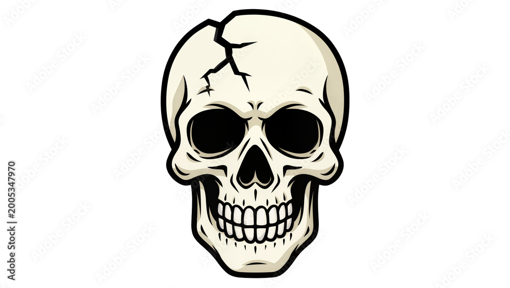 Obraz premium Cracked White Skull with Black Eye Sockets and Teeth