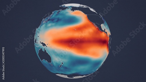 Super El-Nino 3D globe showing extreme ocean warming gradient across the Pacific region