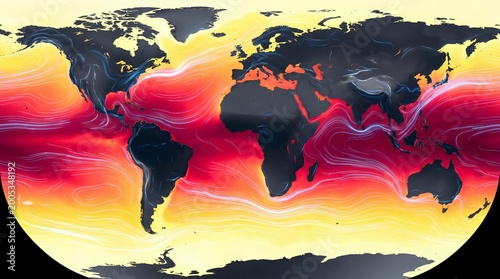 Super El-Nino conceptual high-tech global meteorological thermal map showing ocean heat currents