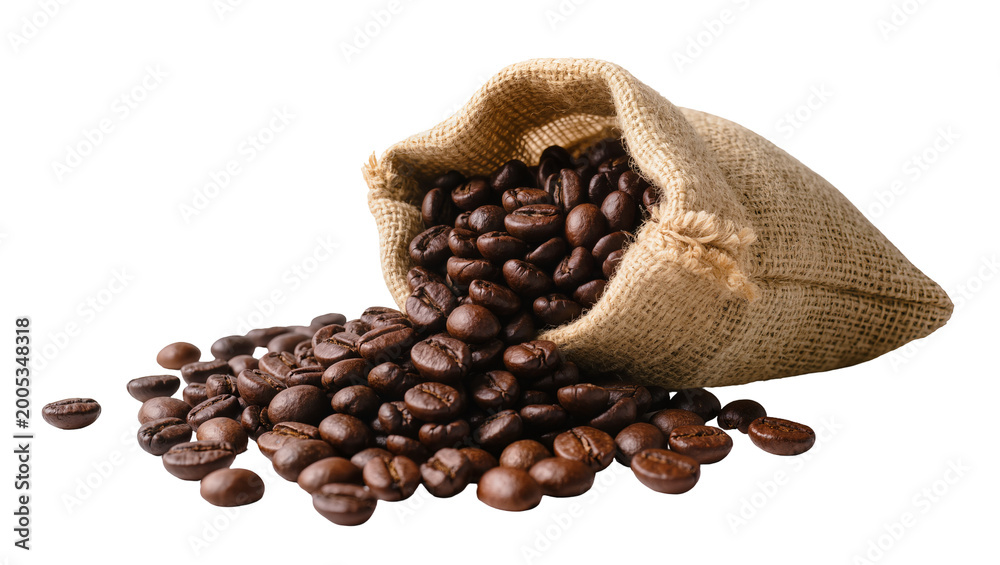Fototapeta premium Brown Coffee Beans Spilling from Rough Hessian Sack