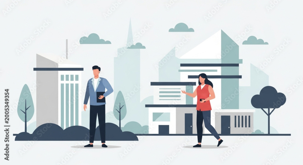 Fototapeta premium Two people walking in a modern city with tall buildings.