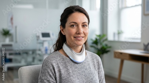 Patient wearing a futuristic smart collar for vocal synthesis therapy