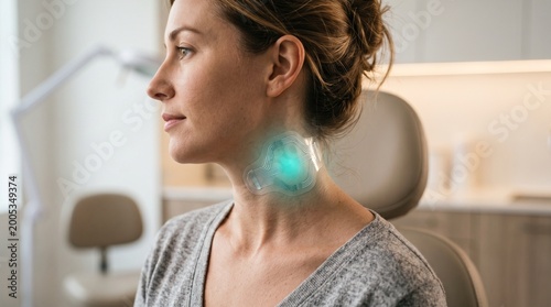 Futuristic sleek neural stimulation patch worn on a patient neck