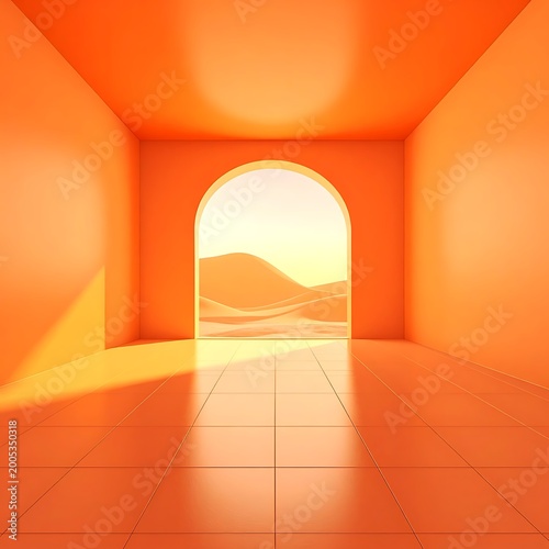 A bright orange room with an arched doorway leading to a desert landscape