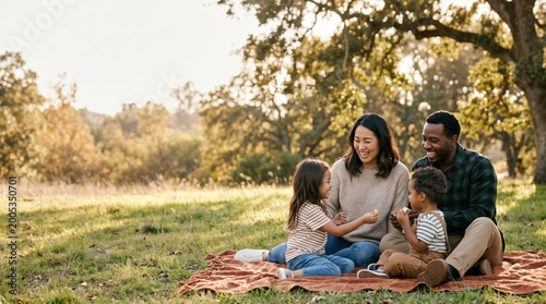 Happy multiracial family enjoying picnic outdoors in sunny park, parents and children laughing together on blanket, lifestyle and togetherness concept in nature