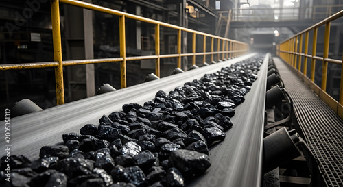 A conveyor belt transporting coal in an industrial environment with yellow handrails, coal mining industry. AI generated image