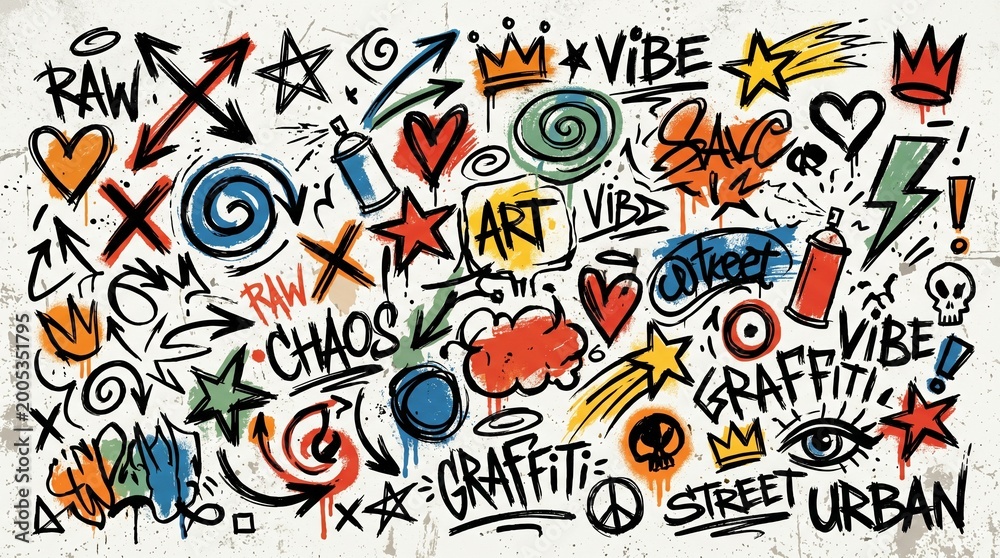 Naklejka premium Urban street art graffiti composition with text icons and spray paint cans.