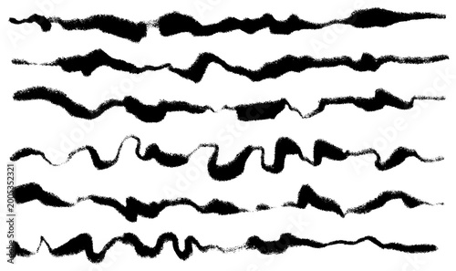 Charcoal black pencil uneven, wavy horizontal lines. Scribble abstract strokes vector set. Charcoal texture lines. Grunge smears, thin and thick chalk strokes, chaotic lines, pencil dividers.