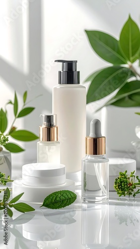 A bright setup with skincare products and green plants