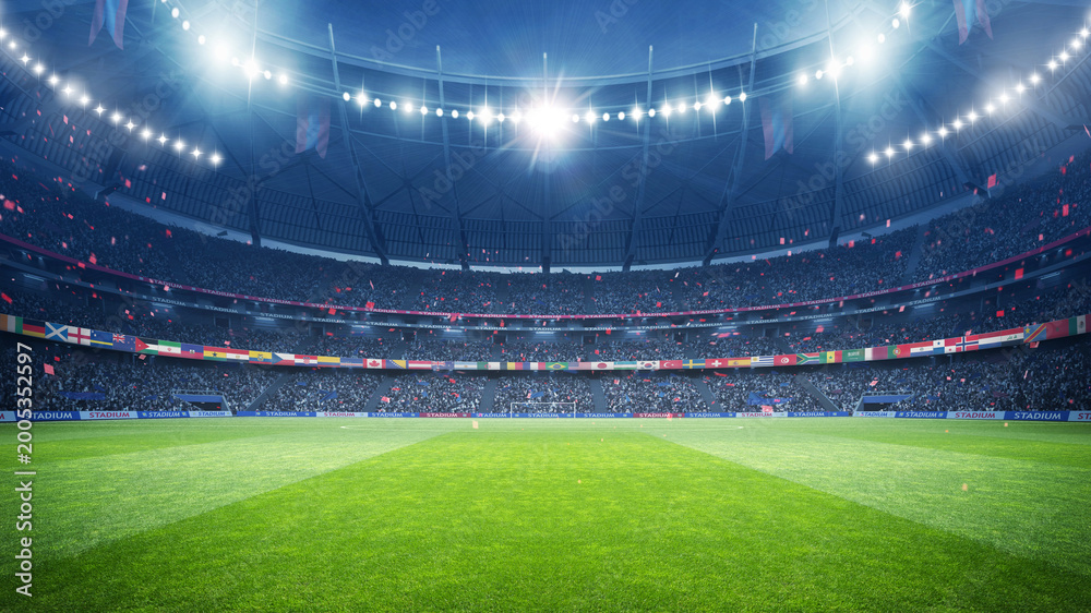 Obraz premium Football Stadium with National Flags at night. An imaginary stadium is modelled and rendered. 