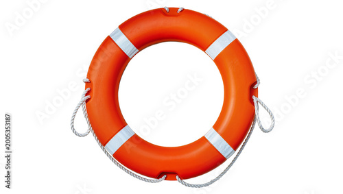 Bild auf Leinwand Orange life preserver with reflective stripes and rope hanging
