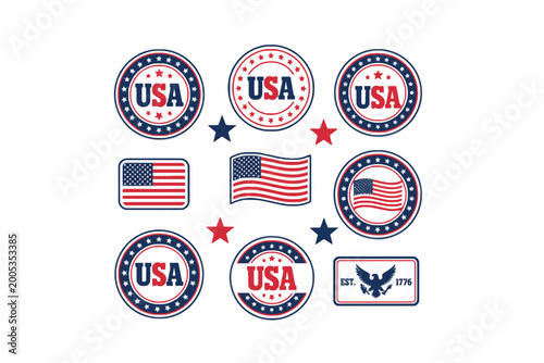 Patriotic USA Badge and Stamp Collection with American Flag Vector