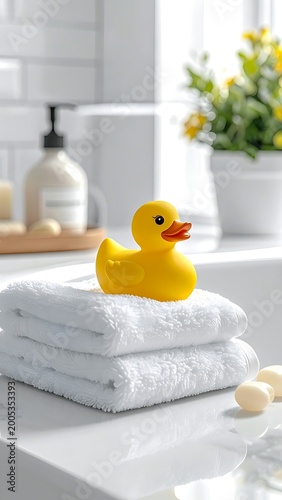 A bright yellow rubber duck on stacked towels in a bathroom