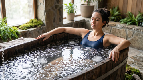 Woman taking a cold plunge at a recovery room concept. A woman relaxes in a wooden hot tub surrounded by nature.