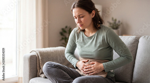 Young Asian woman suffers from pain holds with hands incontinence concept. A woman sitting on a couch, experiencing abdominal discomfort.
