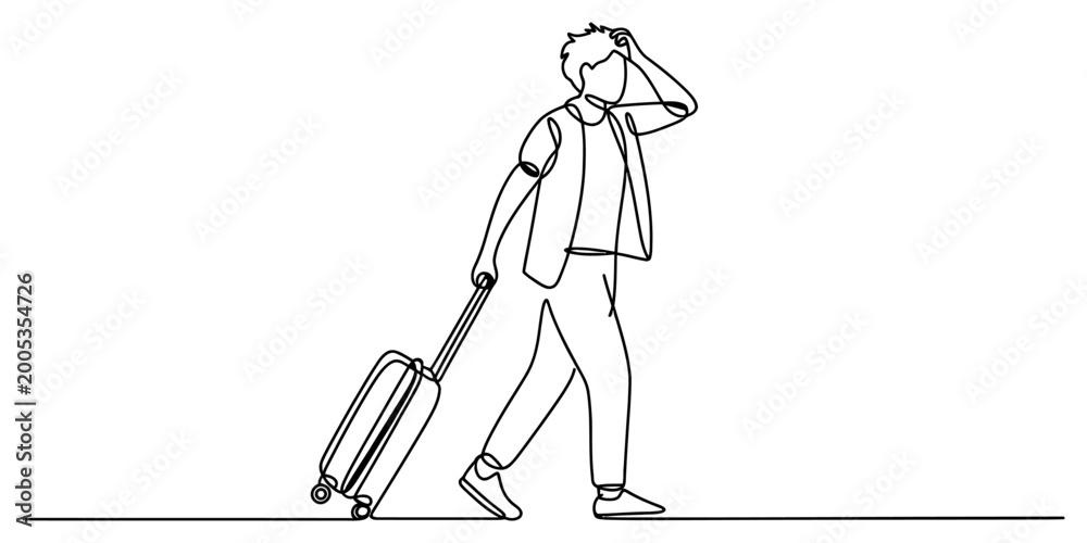 Obraz premium Young man traveler walking with a rolling suitcase handle luggage bag in a continuous single line drawing style illustration Vector, illustration