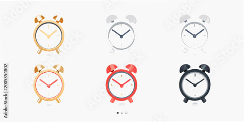 A collection of colorful vintage style alarm clocks on a white background