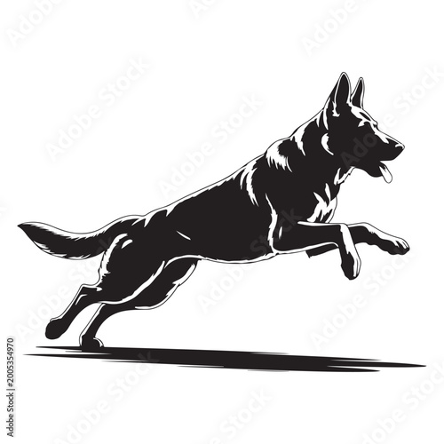 German shepherd dog running in motion black and white silhouette high quality professional detailed modern elegant stylish clean crisp vibrant colorful
