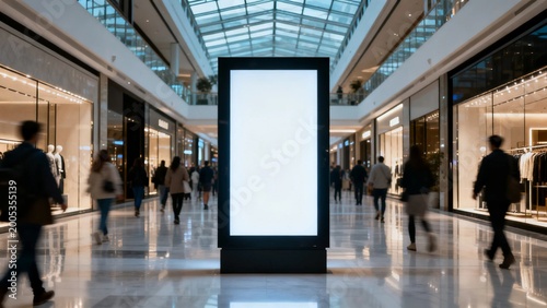 Blank vertical advertising billboard in shopping mall interior, black digital screen mockup mounted in modern commercial space, blurred shoppers, skylight lighting and minimalist signage background