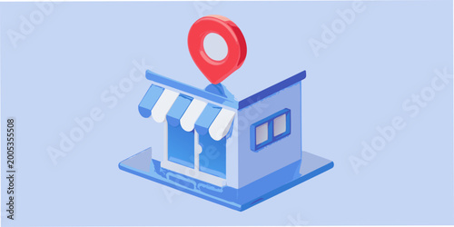 Isometric illustration of a small store with a location pin above