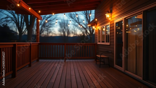 A serene wooden deck at twilight, softly lit by string lights in a tranquil outdoor setting.