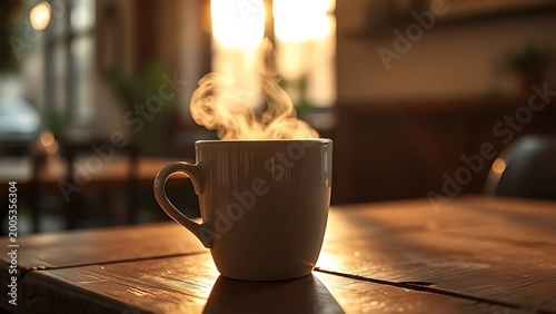 Steaming coffee cup on a rustic table, capturing the essence of a morning ritual.