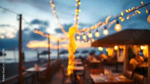 A cozy beach restaurant at sunset, with warm string lights creating a dreamy, inviting atmosphere.