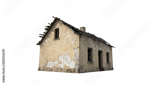 фотографія Dilapidated stone cottage with thatched roof and weathered facade