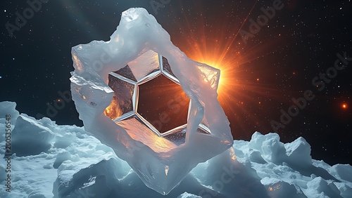 Alien ice crystals form impossible geometric shapes in zero gravity, refracting distant supernovae light.