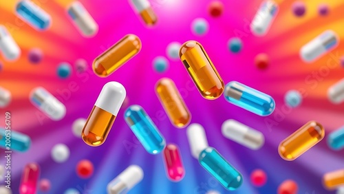 Vibrant floating vitamin capsules in a kaleidoscopic pattern against a radiant backdrop.