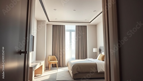 A modern hotel bedroom with morning sunlight and minimalist decor.