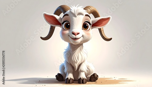 A cute cartoon goat with big eyes and horns