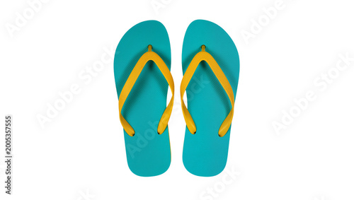 Foto Turquoise rubber flip-flops with yellow straps pair