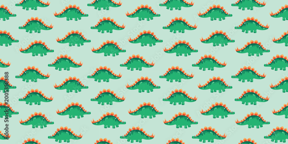 Fototapeta premium Minimalist Green Stegosaurus Dinosaur seamless Pattern on Mint Background for Childrens Nursery and Modern Baby Apparel Textile Design