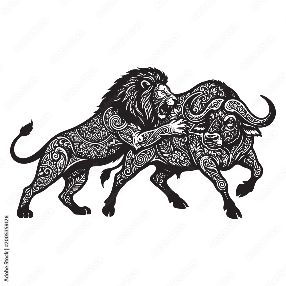 Fototapeta premium Ornate Tribal Lion and Buffalo Fight Illustration for Majestic T-shirt and Hoodie Art