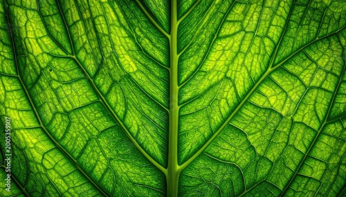 Close up of vibrant green leaf showing detailed vein structure and texture
