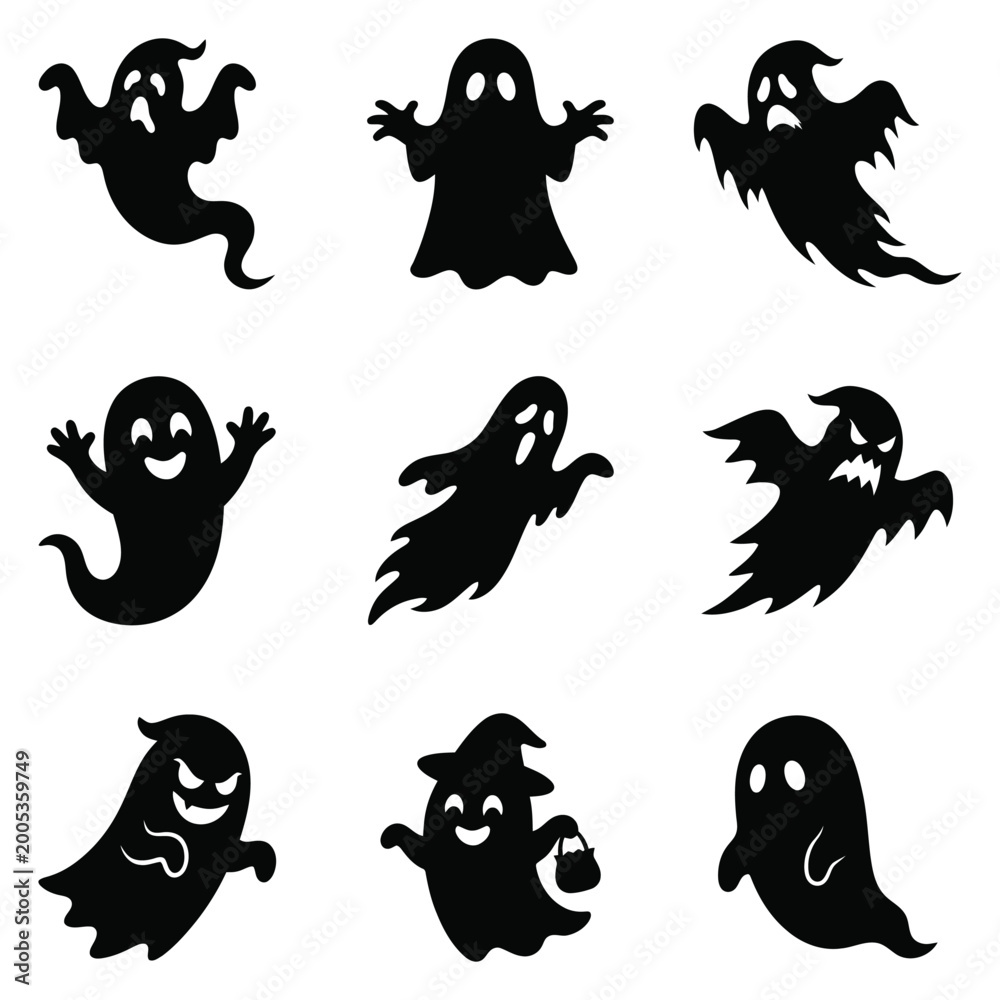 Fototapeta premium Set of 9 Halloween Ghost Silhouettes - Vector Icons for Spooky Design