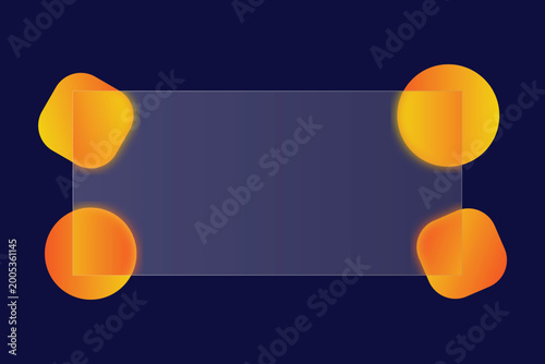 A vibrant dark blue background featuring a clear rectangular frame and glowing orange yellow shapes