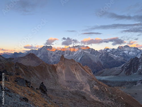 Vászonkép Sunset over Arolla Valley from Col de Riedmatten – Swiss Alps, Valais