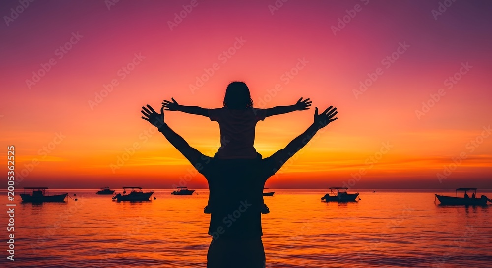 Fototapeta premium Heartwarming fathers day silhouette father and child enjoying a sunset together