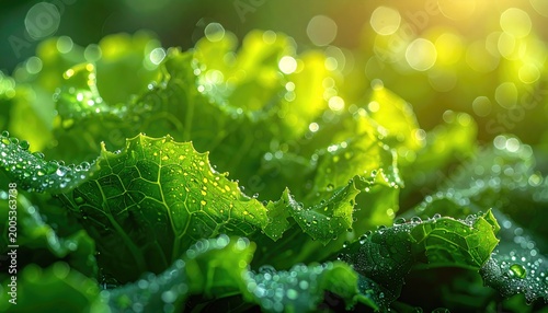 Close up of vibrant green lettuce leaves with water droplets and sunlight