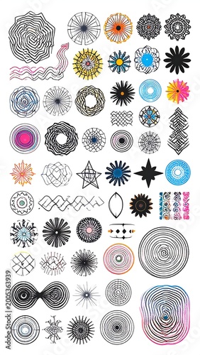Collection of intricate abstract geometric circular and star-like graphic elements