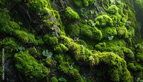 Close up of vibrant green moss and foliage on a tree trunk texture