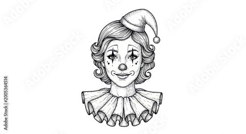 Φωτογραφία Hand-drawn illustration of a smiling female clown with a hat and ruff collar, black and white sketch