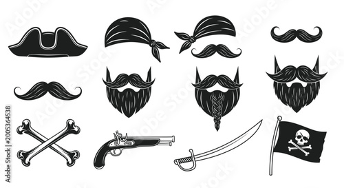 Foto Pirate Icons: Hat, Beard, Moustache, Sword, Pistol, Jolly Roger Flag, Bones